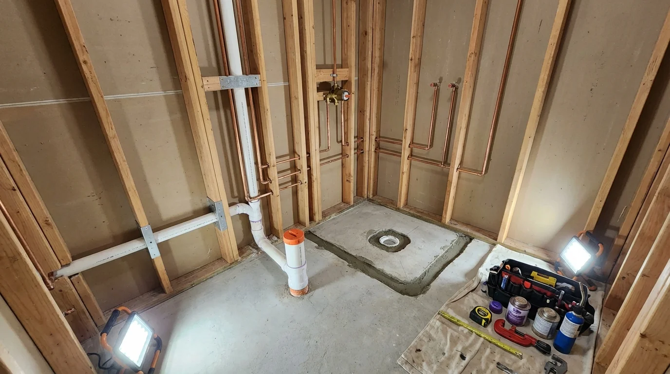 Bathroom rough-in plumbing during remodel by Johns Plumbing LLC in Lusby