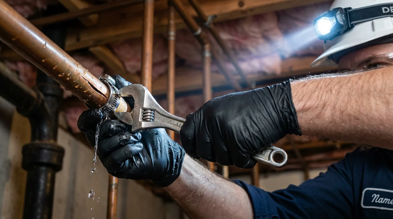 Emergency pipe clamp repair being performed by a Johns Plumbing LLC plumber in Lusby