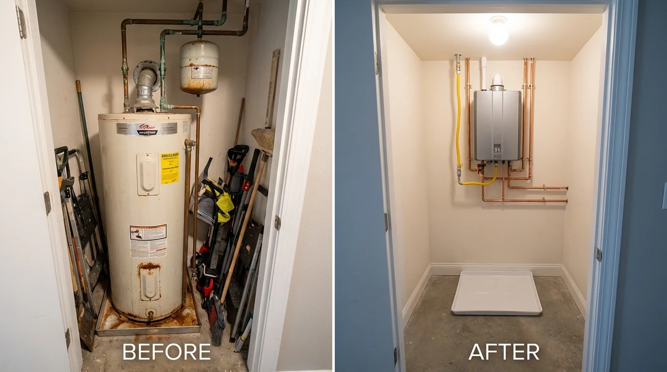 Tank water heater versus wall-mounted tankless unit comparison for Lusby, MD homeowners