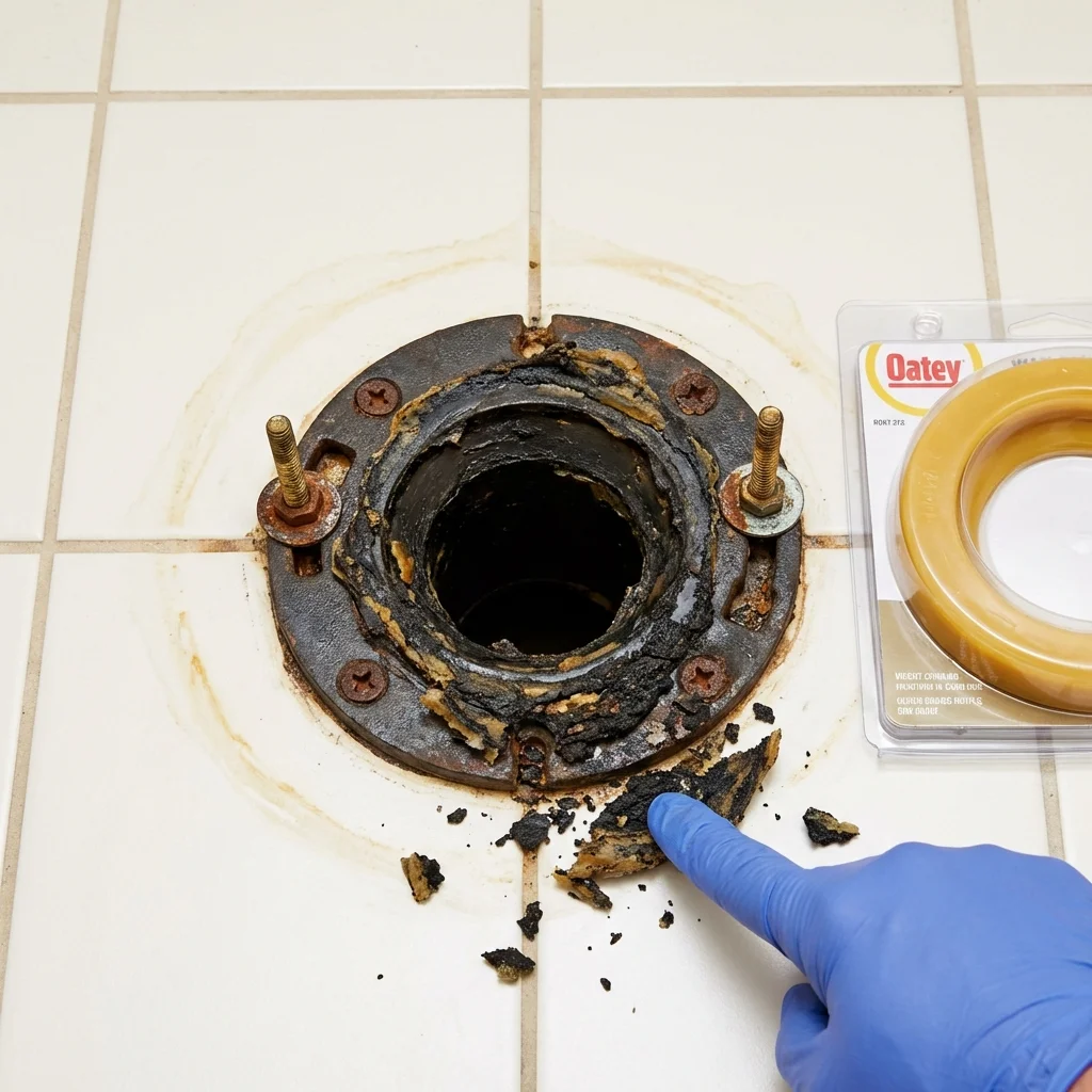 Failed wax ring showing water seepage at the base of a toilet in a Lusby, MD home