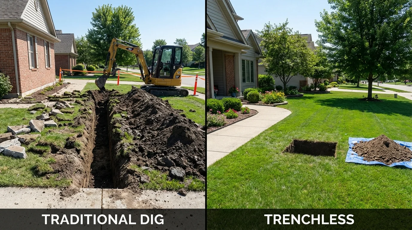 Trenchless sewer repair with minimal yard damage versus traditional excavation in Lusby, MD