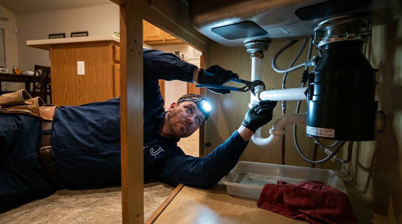 P-trap and supply line connections under a kitchen sink showing a common leak point in Lusby, MD